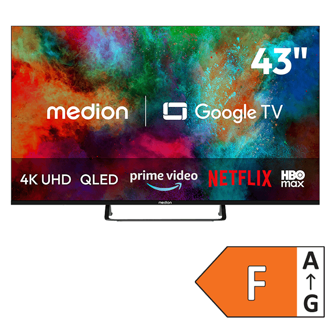 MEDION 43 Zoll 4K-UHD-QLED-Fernseher mit Google TV sowie Prime Video, Netflix und HBO Max, Energieeffizienzklasse F.