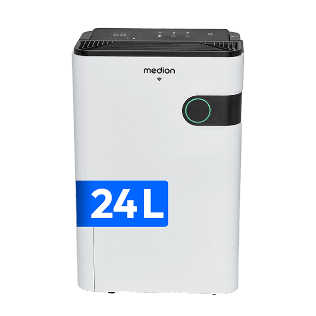 MD12044 Luftentfeuchter mit 24-Liter-Entfeuchtungsleistung und digitalem Bedienfeld zur Regulierung der Luftfeuchtigkeit in Wohnräumen.