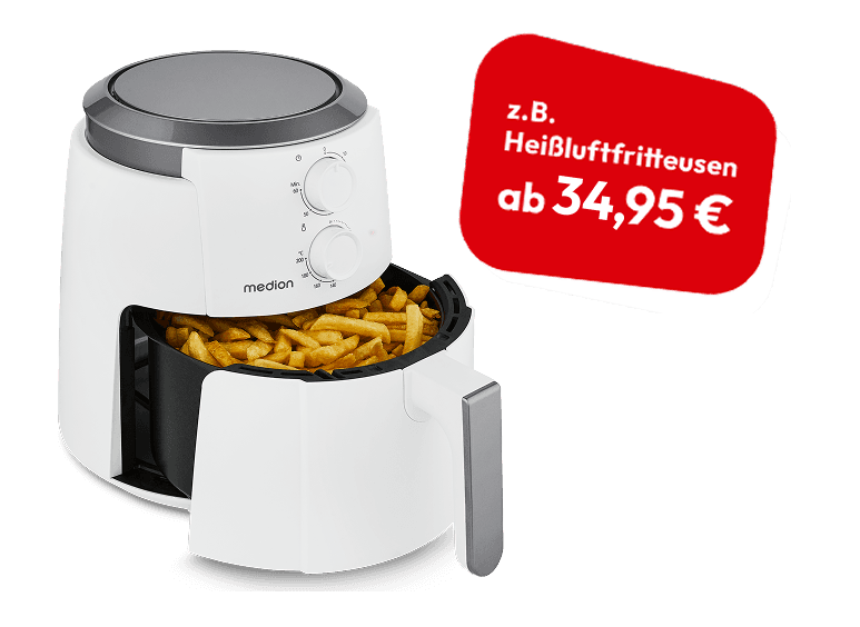 Heißluftfritteuse MD13020 mit herausgezogenem Frittierkorb und Pommes