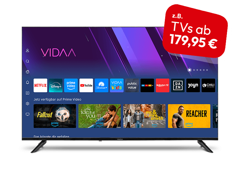 MEDION Smart-TV mit VIDAA Oberfläche und Hinweis „TVs ab 179,95 €“
