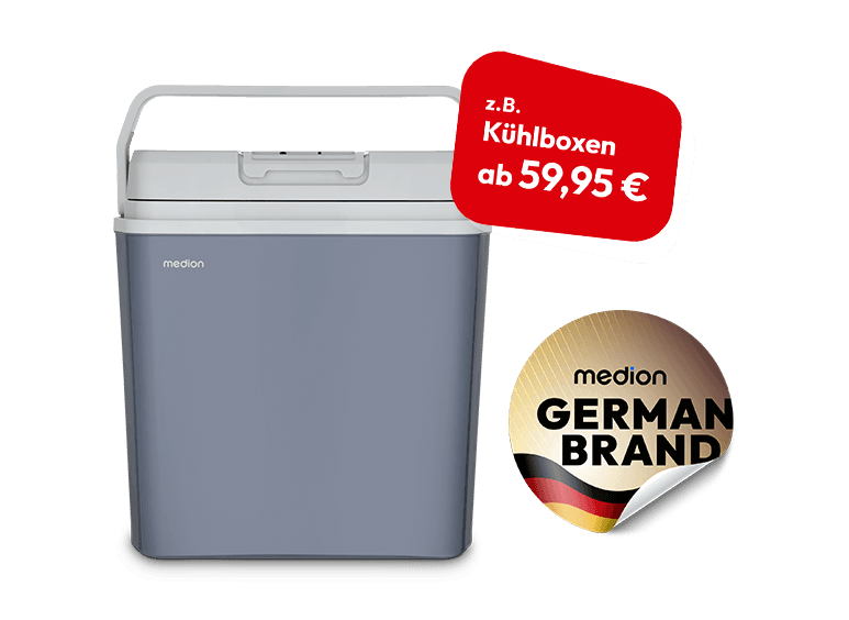 MEDION Kühlbox mit Hinweis „ab 59,95 €“ und Siegel „German Brand“