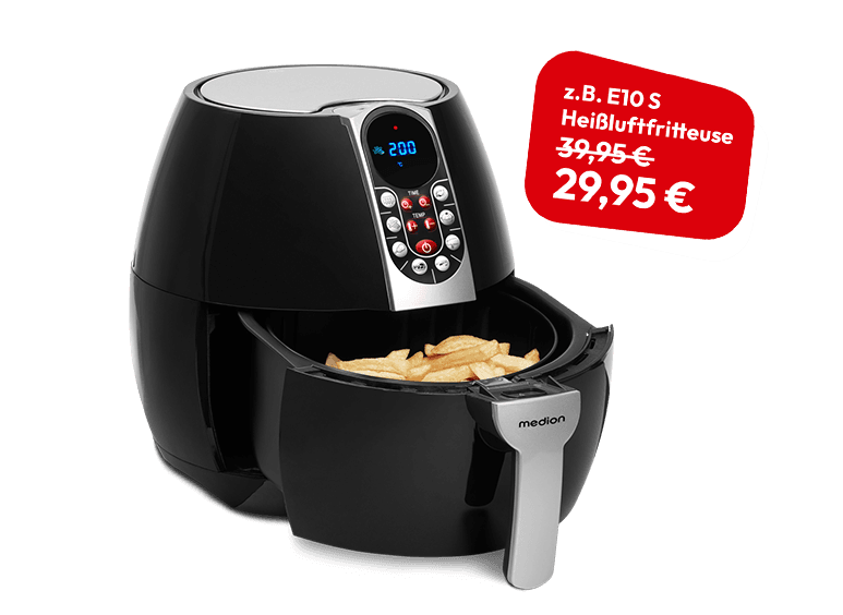 Schwarze Heißluftfritteuse mit digitalem Bedienfeld und herausziehbarem Frittierkorb