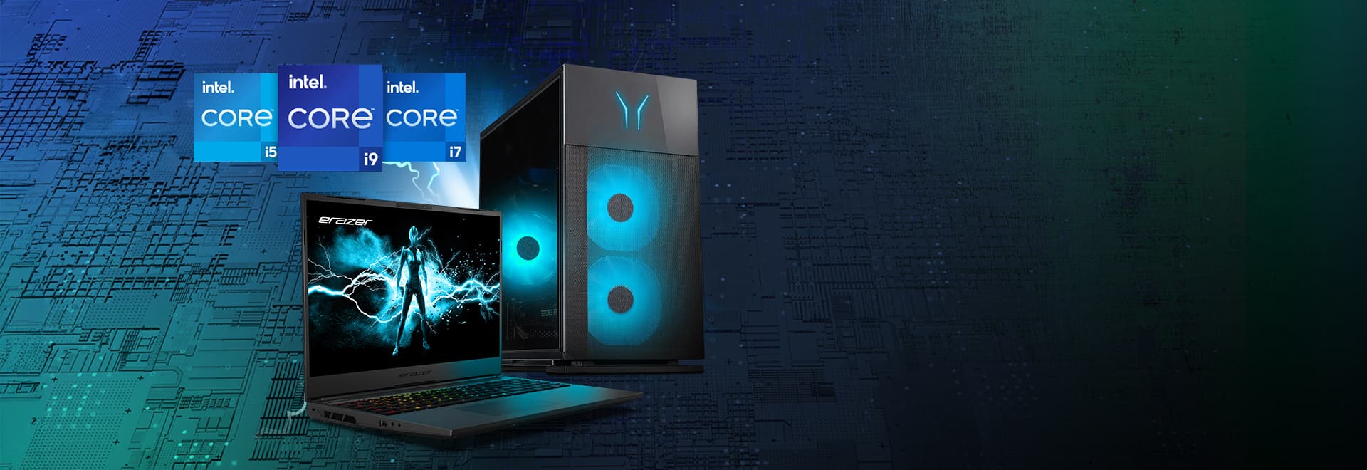 Laptop und Desktop-PC mit leuchtend blauen Akzenten, darüber die Logos von Intel Core i5, i7 und i9, vor einem digital gestalteten Hintergrund.