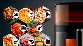 Eine elegante Heißluftfritteuse für die Arbeitsplatte steht neben sechseckigen Fliesen, auf denen verschiedene zubereitete Gerichte zu sehen sind – Brathähnchen, Pommes frites, Pizza, Steak, Rippchen und Burger.