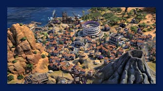 Screenshot aus dem Spiel Sid Meiers Civilization. Luftaufnahme einer detaillierten, animierten antiken Stadt mit Kolosseum, Häusern, Bergen und Küste.