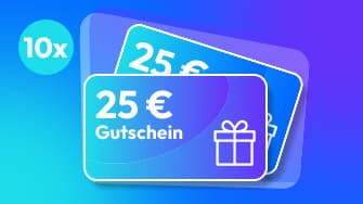 Zwei Geschenkkarten mit „25 € Gutschein“ und einem Geschenkbox-Symbol, vor einem blau-violetten Hintergrund mit Farbverlauf und „10x“ in einem Kreis.