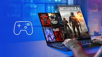 Eine Person spielt Spiele auf einem Intel Core Ultra Laptop, auf dem „Battlefield 6“ angezeigt wird, vor blauem Hintergrund mit einem Gamecontroller-Symbol.