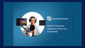 Person, die XSplit Broadcaster mit Mikrofon und Kopfhörern verwendet und eine Tasse hält. Text: „Optimierte Einrichtung, damit Sie in Sekundenschnelle streamen können!“