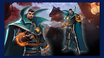 Eine stilisierte Figur in einem blaugrünen und orangefarbenen Outfit mit Umhang steht selbstbewusst da und hält eine leuchtende Energiekugel in der Hand.