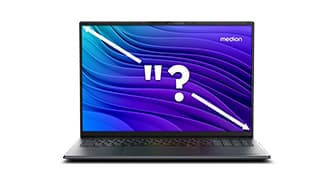 Geöffnetes von vorn gezeigtes Laptop mit einem Fragezeichen auf dem Display und blau-violettem Wirbeldesign. In der oberen rechten Ecke ist der Markenname „Medion“ zu sehen.