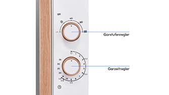 Nahaufnahme eines Backofen-Bedienfelds mit zwei Knöpfen mit der Aufschrift „Garstufenregler“ und „Garzeitregler“ zur Temperatur- und Zeiteinstellung.