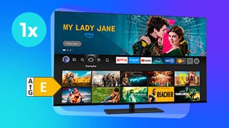 Smart-TV mit Streaming-Service-Schnittstelle. Auf dem Bildschirm sind verschiedene Filmvorschaubilder und App-Symbole sichtbar. Ein Kreis mit "1x" ist in der linken Seite.