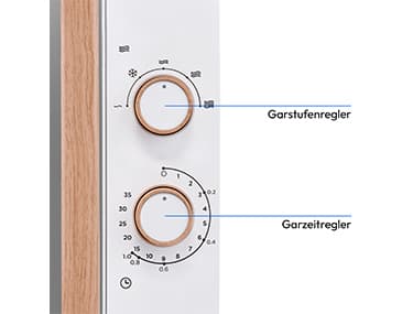 Nahaufnahme eines Backofen-Bedienfelds mit zwei Knöpfen mit der Aufschrift „Garstufenregler“ und „Garzeitregler“ zur Temperatur- und Zeiteinstellung.