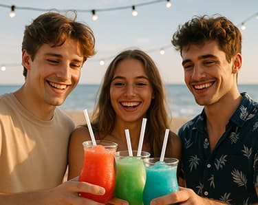 Drei junge Erwachsene am Strand stoßen mit bunten Slush-Eis-Getränken in Rot, Grün und Blau an. Im Hintergrund Lichterketten und Meer.