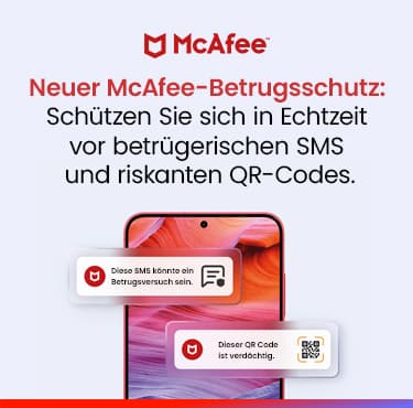 McAfee Betrugsschutz mit Hinweis auf Schutz vor betrügerischen SMS und riskanten QR-Codes