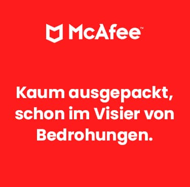 McAfee-Banner mit Hinweis auf Cyberbedrohungen für neue Geräte und integrierter Sicherheitssoftware.