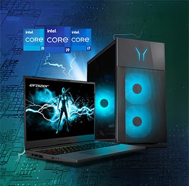 Laptop und Desktop-PC mit leuchtend blauen Akzenten, darüber die Logos von Intel Core i5, i7 und i9, vor einem digital gestalteten Hintergrund.