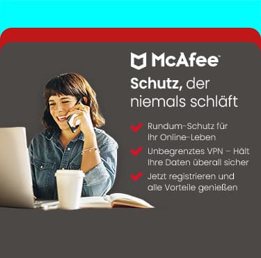 McAfee Sicherheitssoftware mit Hinweis „Schutz, der niemals schläft“ sowie Informationen zu Rundum-Schutz und unbegrenztem VPN