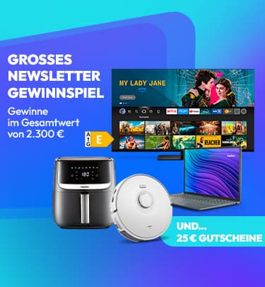 Werbegrafik mit Fernseher, Heißluftfritteuse, Saugroboter, Laptop und 25 Euro Gutschein, die auf einen Newsletter-Wettbewerb mit Preisen im Wert von 2.300 € hinweist.