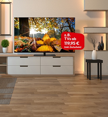 Flachbildfernseher auf Sideboard in modernem Wohnzimmer, zeigt herbstliche Waldszene mit Sonnenlicht und buntem Laub. Rotes Label „z. B. TVs ab 119,95 € (inkl. Gutschein)“.