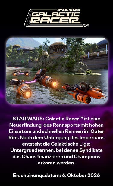 Star Wars: Galactic Racer mit futuristischen Rennfahrzeugen und Hinweis auf das Erscheinungsdatum 6. Oktober 2026