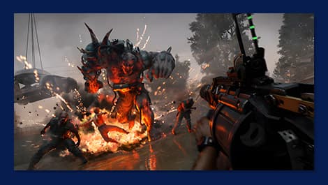 Screenshot aus dem Spiel Dying Light. Eine Szene aus einem Ego-Shooter-Spiel, in der ein Spieler auf ein großes, feuriges Monster zielt, das von Explosionen und kleineren Kreaturen umgeben ist.