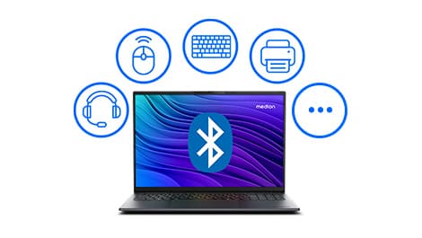 Von vorne zu sehendes, geöffnetes Laptop mit einem Bluetooth-Symbol auf dem Bildschirm, umgeben von Symbolen für Maus, Tastatur, Drucker, Headset und Auslassungspunkten auf weißem Hintergrund.