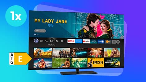 Smart-TV mit Streaming-Service-Schnittstelle. Auf dem Bildschirm sind verschiedene Filmvorschaubilder und App-Symbole sichtbar. Ein Kreis mit "1x" ist in der linken Seite.