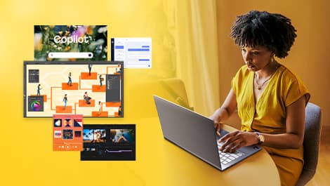 Eine Person in einem gelben Hemd arbeitet an einem Intel Core Ultra Laptop. Verschiedene digitale Grafiken und Bedienelemente werden in der Nähe angezeigt.