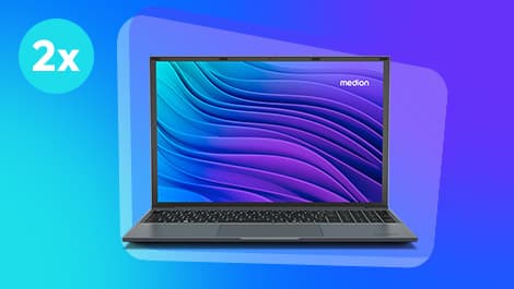 Laptop mit einem leuchtenden, wellenförmigen blauen und violetten Bildschirm auf einem blauen Hintergrund mit Farbverlauf und „2x“ in einem Kreis auf der linken Seite.