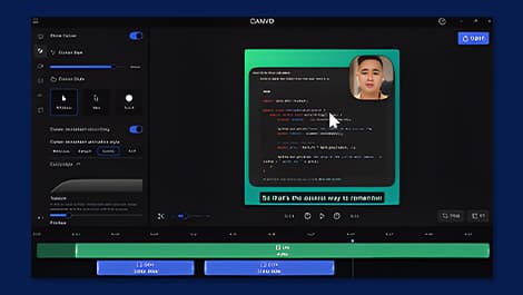 Screenshot der Benutzeroberfläche einer Videobearbeitungssoftware, die ein Codierungs-Tutorial mit dem Bild eines Sprechers, einer Zeitleiste und Bearbeitungstools zeigt.