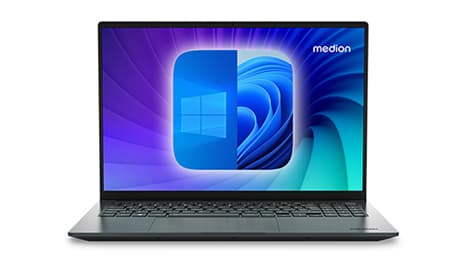Von vorn gezeigtes und geöffnetes Laptop mit Windows-Logo 10 und 11 auf dem Bildschirm und violett-blauem Hintergrund mit Farbverlauf. In der oberen rechten Ecke ist der Markenname „Medion“ zu sehen.