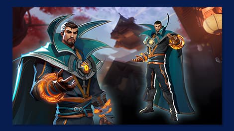 Eine stilisierte Figur in einem blaugrünen und orangefarbenen Outfit mit Umhang steht selbstbewusst da und hält eine leuchtende Energiekugel in der Hand.