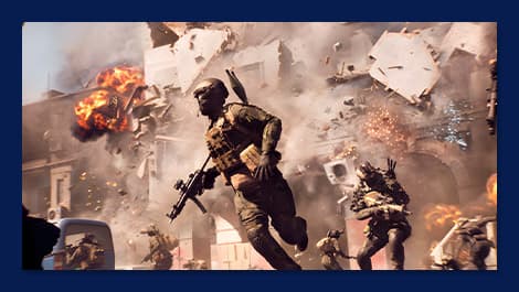 Screenshot aus dem Spiel Battlefield. Soldaten in Kampfausrüstung rennen durch ein vom Krieg zerstörtes Stadtgebiet, im Hintergrund sind Explosionen und Trümmer zu sehen.