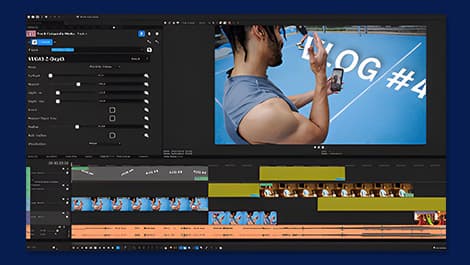 Benutzeroberfläche einer Videobearbeitungssoftware, die einen Mann zeigt, der sich selbst mit einem Telefon filmt, mit sichtbarer Zeitleiste und Bearbeitungswerkzeugen.