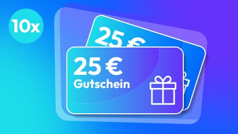 Zwei Geschenkkarten mit „25 € Gutschein“ und einem Geschenkbox-Symbol, vor einem blau-violetten Hintergrund mit Farbverlauf und „10x“ in einem Kreis.