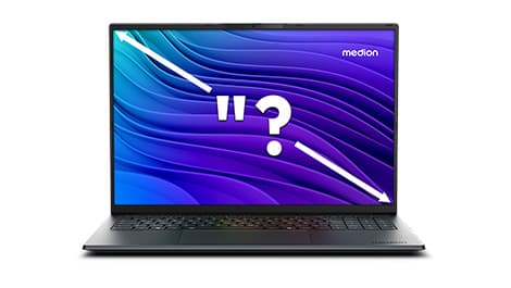 Geöffnetes von vorn gezeigtes Laptop mit einem Fragezeichen auf dem Display und blau-violettem Wirbeldesign. In der oberen rechten Ecke ist der Markenname „Medion“ zu sehen.