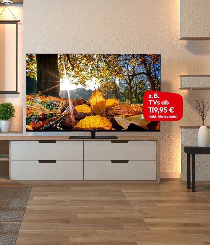 Flachbildfernseher auf Sideboard in modernem Wohnzimmer, zeigt herbstliche Waldszene mit Sonnenlicht und buntem Laub. Rotes Label „z. B. TVs ab 119,95 € (inkl. Gutschein)“.