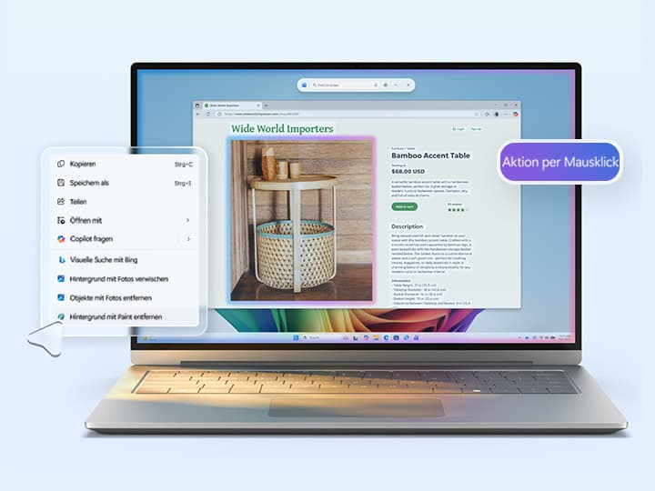 Von vorn geöffnetes Laptop. Zu sehen ist eine Webseite mit einem Korbtisch, Seitenmenü mit Optionen auf Deutsch und einer Sprechblase mit der Aufschrift „Aktion per Mausklick“.