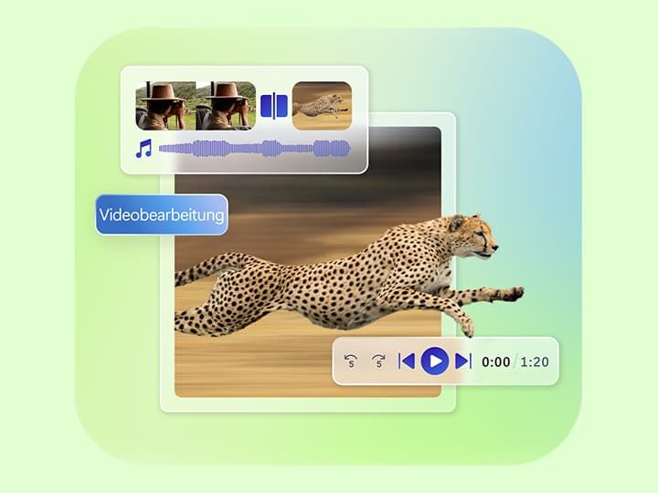 Ein laufender Gepard mit überlagerten Symbolen zur Videobearbeitung, darunter Audiowellenformen und Wiedergabesteuerungen, auf einem Hintergrund mit Farbverlauf.