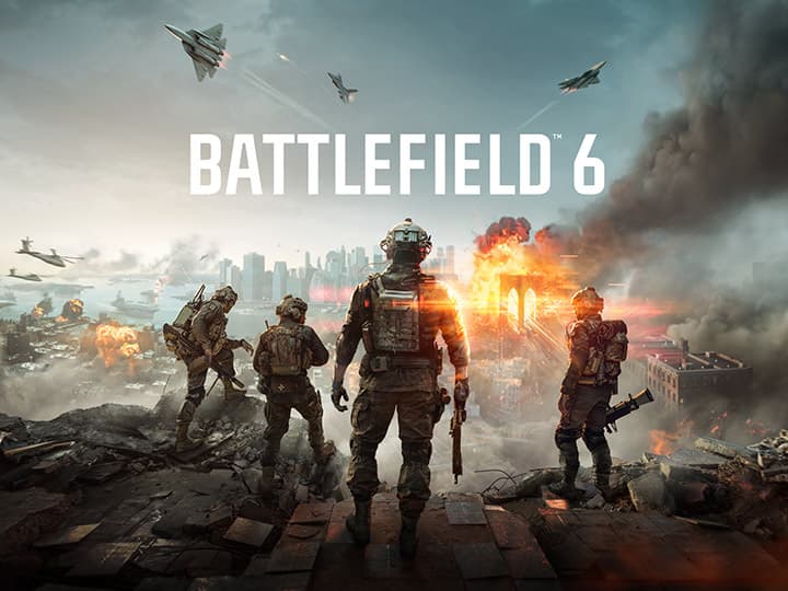 Screenshot aus dem Spiel Battlefield. Vier Soldaten stehen auf Trümmern und blicken auf eine brennende Stadtlandschaft, über die Jets fliegen. Der Text lautet „Battlefield 6“.