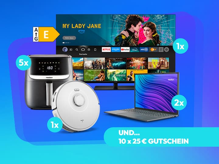 Ausgestellte elektronische Geräte: ein Fernseher mit Streaming-Apps, eine Heißluftfritteuse, ein Saugroboter und ein Laptop. Im Text werden Geschenkgutscheine und Mengen erwähnt.