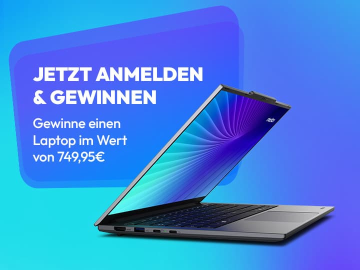 MEDION Laptop vor blau-violettem Hintergrund mit Text „Jetzt anmelden & gewinnen – Laptop im Wert von 749,95 €“