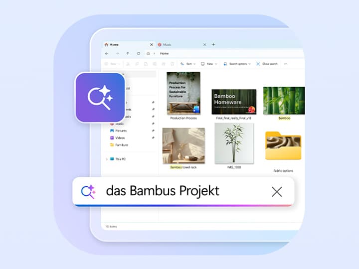 Tablet mit Datei-Explorer mit Ordnern und Bildern zum Thema Bambus. In der Suchleiste wird „das Bambus Projekt“ angezeigt.