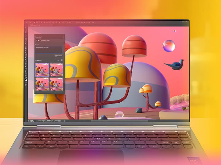 Intel Core Ultra Laptop mit digitaler Kunst: surreale, farbenfrohe, pilzartige Bäume und schwebende Blasen vor einem rosa-orangen Farbverlauf.
