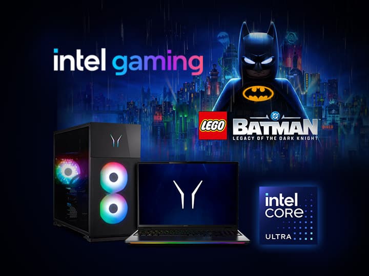 Intel-Gaming-Promotion mit LEGO Batman, einem Gaming-PC, einem Laptop und Intel Core Ultra. Im Hintergrund: eine lebendige Stadtkulisse und das Batman-Symbol.