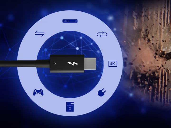 Ein USB-C-Kabel mit einem Blitzsymbol, umgeben von technischen Symbolen, darunter 4K und Gaming, auf einem digitalen Netzwerkhintergrund.
