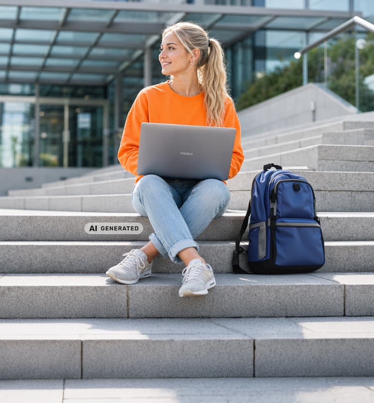 Person mit Laptop auf den Stufen eines modernen Campusgebäudes