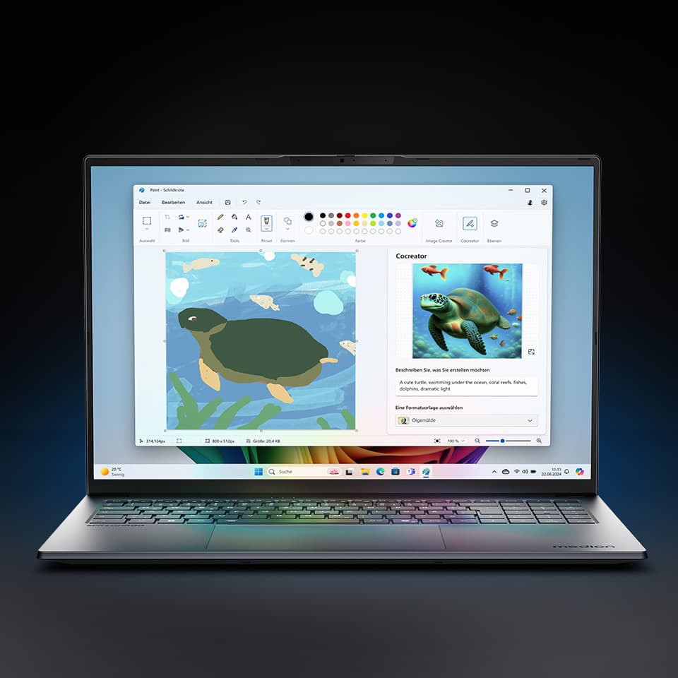 Ein aufgeklapptes Laptop in Frontansicht auf einem grauen runden Podest. Das Display zeigt ein Bildbearbeitungsprogramm.